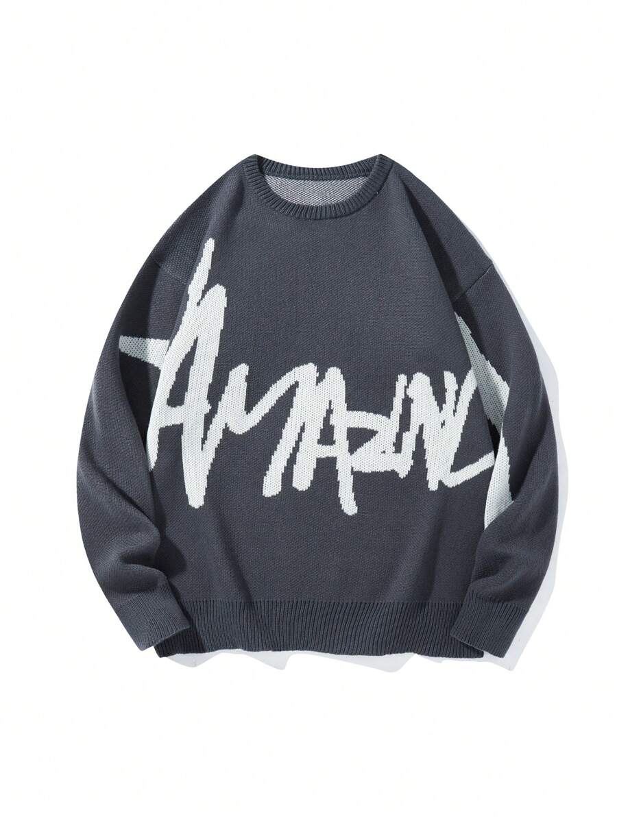 Chillumni 男士圆领长袖字母图案休闲毛衣 - 深灰色 - 查看 1