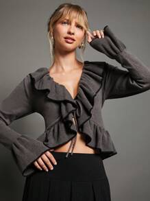 WESTFADE Coquette Stretch Ruffled Contrast Going Out Sweater - Dark Grey - View 6