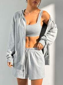 SHEIN EZwear 3pcs/Set Women Casual Dropped Shoulder Hooded Sweatshirt, Tank Top And Shorts Sportswear Set, Spring & Autumn - Grey - View 6