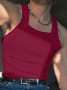 Men Solid Ribbed Knit Tank Top - Rose Red - View 4