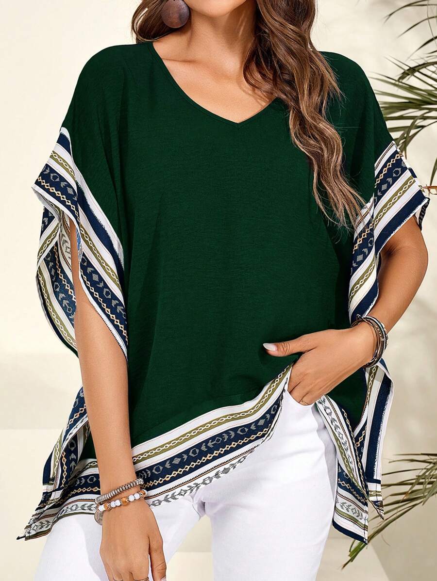 Women's Summer Spliced ​​Web V-Neck Loose Shirt - Dark Green - View 1