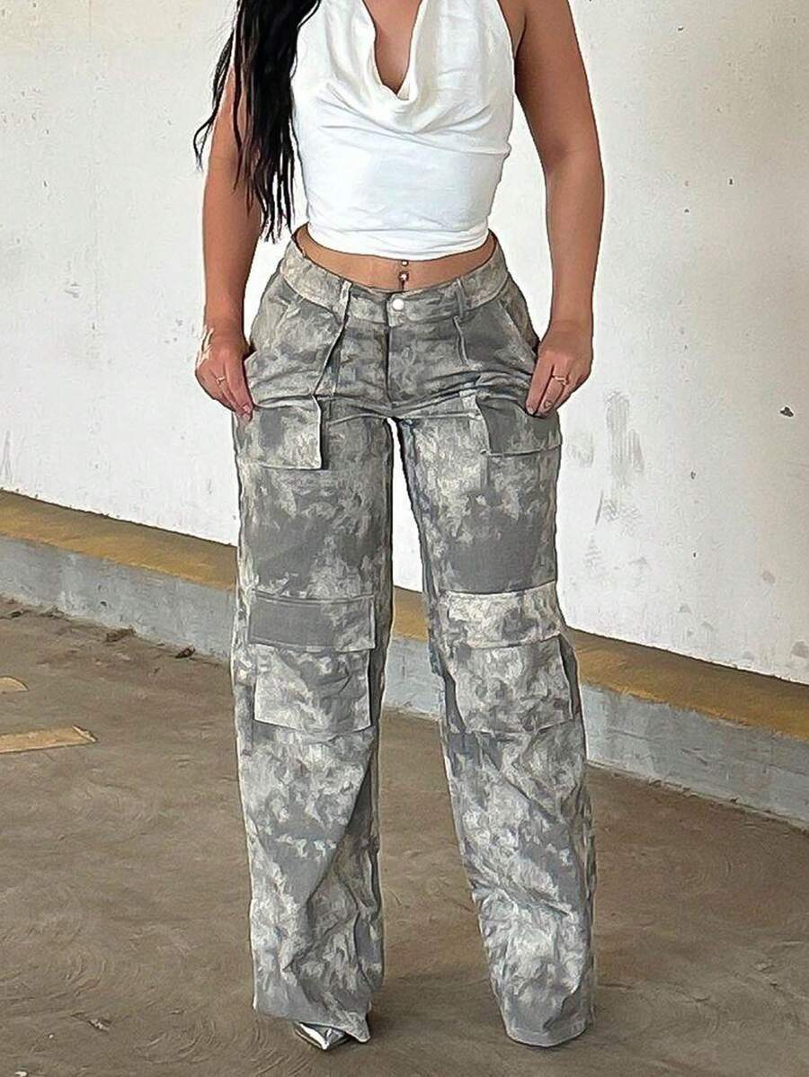 American High Street Style Camouflage Denim Straight Jeans For Women - 彩色 - 查看 1