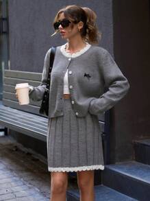 EURMUSE 蝴蝶结细节百褶裙和开衫