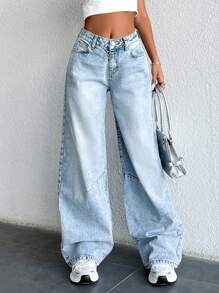 EURMUSE 100% Cotton Front Button, Multi-Pocket, Light Blue Low Waist Wide Leg Pants For Casual Daily Wear - Baby Blue - View 3