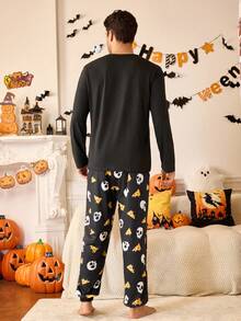 2 piezas Conjunto de pijama de manga larga con estampado de esqueleto y pizza para hombre en Halloween - Negro - Ver 2