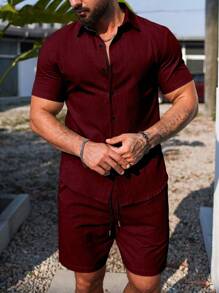 Manfinity Homme Men's Solid Color Short Sleeve Shirt And Shorts Vacation Casual Outfit - Burgundy - View 3