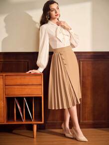 Vintamour Vintage Elegant Women's Fitted Long Sleeve Shirt With Flowy Tie Collar, Apricot Fall Women Clothes Long Sleeves Woman Old Money Work Women Blouses Business Casual Women 90s Outfit Long Sleeve Women Shirts Collared Women Shirt Homecoming Dresses Button Down Blouse Beige Renaissance Fair Button Down Blouse Old Money Valentine Day - Apricot - View 4