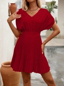 SHEIN Clasi 女式纯色蝙蝠袖褶边休闲度假连衣裙新年衣服