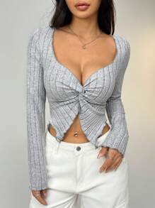 SHEIN EZwear Áo thun dài tay ôm sát cổ tròn màu trơn dành cho nữ, mùa xuân hè - Xám - Xem 4