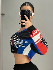 SHEIN ICON Y2k 露肩长袖女校服返校节连衣裙女式宽松短款毛边学院风机车运动衫、毕业长袖上衣、返校服装、毕业典礼、女士教师服装、秋冬返校 - 彩色 - 查看 5