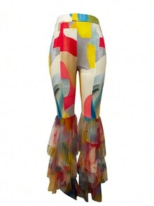 European & American Style Women's Fashion Slim Sexy Ruffle Mesh Contrast Printed Long Pants - Yellow - View 5