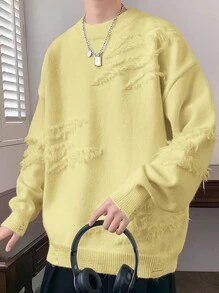 Manfinity EMRG Men's Casual Solid Color Frayed Edge Drop Shoulder Sweater, Fall/Winter - Yellow - View 4