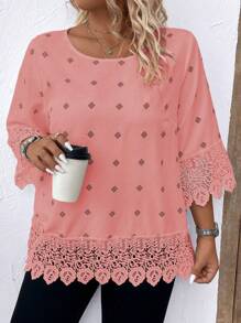 Plus Size Round Neck Mid-Length Sleeve Floral Lace Contrast Casual Blouse - Dusty Pink - View 3
