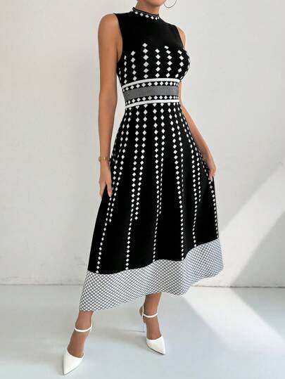 Modelyn 女式无袖几何图案长款毛衣裙，夏季