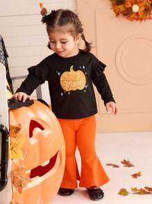 SHEIN 2pcs Baby Girl Halloween Cute Knit Cartoon Pattern Top And Orange Flared Pants Set. Mommy And Me Matching Outfits (2 Sets Sold Separately) - Black - View 7