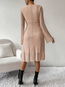 Chiquease Damen Kleid mit V-Ausschnitt, Langarm, Taillenbindung, schlank, elegant, chic - Aprikosenfarben - Übersicht 2