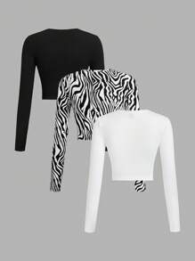 SHEIN EZwear 3 件套女士豹纹、斑马水钻蝴蝶结、字母印花圆领长袖修身短款 T 恤，适合春秋季节 - 彩色 - 查看 2