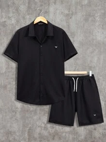 RueChic Chemise régulière à manches courtes à broderie pour hommes et short, ensemble deux-pièces