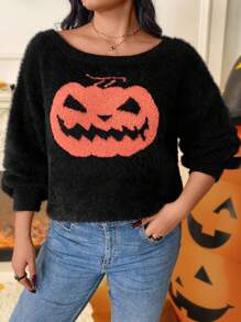 Flirla 大码卡通南瓜图案休闲针织套头衫，适合秋冬季节穿着。 - 黑色 - 查看 6