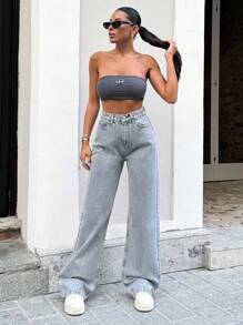 Cottnline 100%Cotton Women's Front Button Multiple Pockets Wide Leg Jeans, Casual Everyday Wear - Grey - View 4