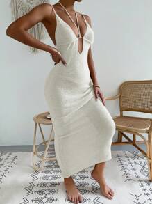 SHEIN Swim 深 V 领细肩带露背优雅度假罩衫连衣裙，音乐节夏季 - 白色 - 查看 7