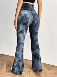 SHEIN EZwear 夏季大码扎染弹力舒适紧身喇叭裤 - 黑色 - 查看 2