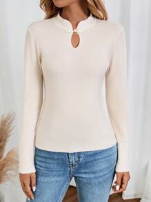 EMERY ROSE Suéter pulôver elegante feminino de cor sólida manga comprida com botões slim fit, outono/inverno - Damasco - Ver 5