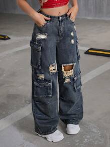 SHEIN Quần jeans ống rộng rách rưới phong cách Y2K dành cho nữ tuổi teen, thích hợp cho mùa thu đi học và phong cách đường phố Halloween. - Rửa tối - Xem 6