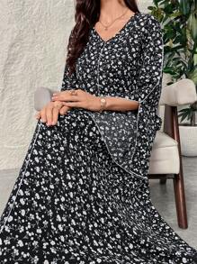 Al Najma V 领开袖满花优雅迷人阿拉伯朴素长袖连衣裙 - 黑色 - 查看 7