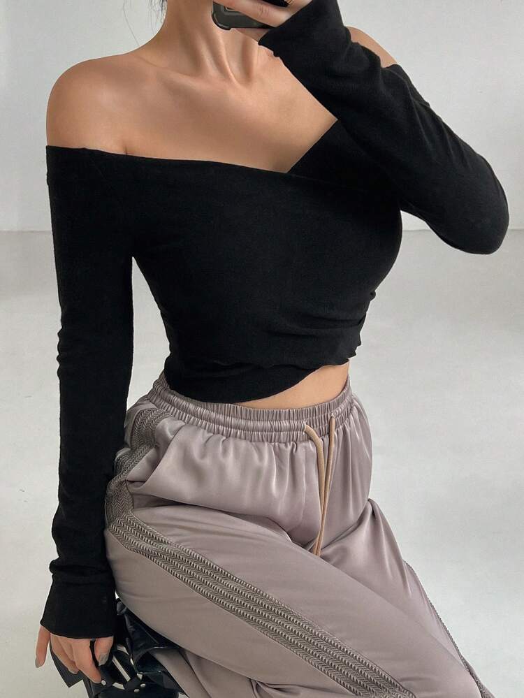 Women Open Shoulder Fitted T-Shirt For Back To School,Off Shoulder Top Long Sleeve Women Tops,Fall Women Clothes Going Out Tops Women