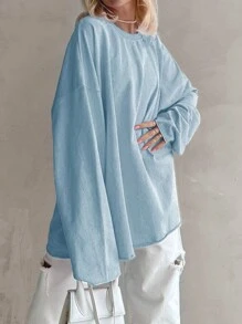 INAWLY Women's Solid Color Crew Neck Long Sleeve Pullover Sweatshirt - Baby Blue - View 2