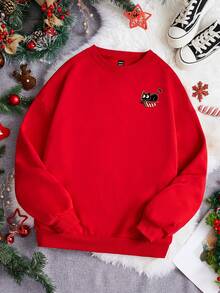 Tobefonseca 艺术家 Y2K、街头服饰、休闲、圣诞树、猫、圣诞节、休闲简约图案印花宽松圆领女士运动衫、红色秋季女士上衣、适合秋冬季、节日、度假、新年、春季、节日 - 紅色 - 查看 2