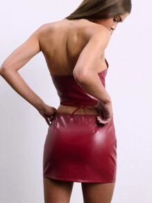 PU Leather Garment Lace Up Mini Skirt - Burgundy - View 7