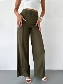 Firerie Quần ống rộng cạp cao có túi nhún cho nữ mùa thu quần ống rộng đi làm - màu xanh lá - Xem 5