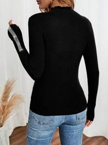 EMERY ROSE Women's Spring And Autumn Diamond Decorated Stand Collar Long Sleeve Slim Fit Sweater