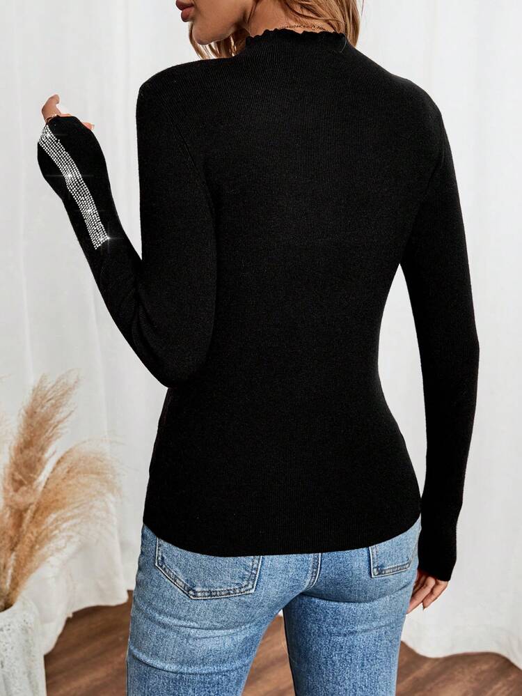 Women's Spring And Autumn Diamond Decorated Stand Collar Long Sleeve Slim Fit Sweater