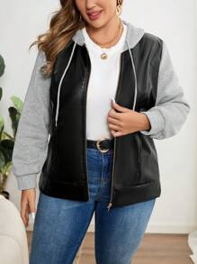 EMERY ROSE Áo khoác da PU dài tay có mũ trùm đầu, túi chắp vá cỡ lớn, khóa kéo phía trước, có túi, dùng cho mùa đông - Nhiều màu - Xem 5