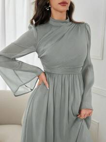 Modelyn Ladies Stand Collar Long Sleeve Pleated Elegant & Graceful Midi Dress Long Evening Dresses - Mint Green - View 6