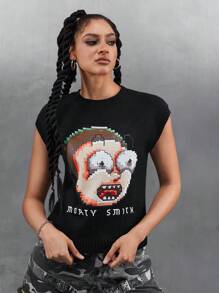 Rick and Morty X SHEIN 女士休闲卡通人物与字母图案毛衣背心（不含 T 恤） - 黑色 - 查看 5