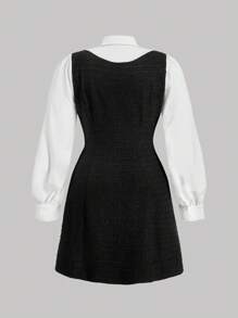 SHEIN MOD Plus Size Women's Elegant Colorblock Collared Long Sleeve Short Dress For Spring And Fall