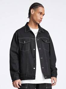 Manfinity VCAY Men's Loose Fit Woven Long Sleeve Jacket & Outwear, For Fall Winter - Black - View 4