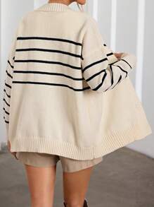 Aveloria EMERY ROSE Áo len cardigan cổ chữ V sọc ngang ngẫu nhiên kiểu Pháp - trắng - Xem 2