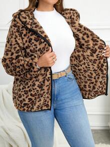 EMERY ROSE Plus Size Women's Leopard Print Reversible Fleece Hoodies Jacket, Autumn/Winter - Brown - View 3