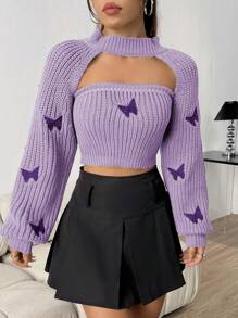 SHEIN Unity Bộ 2 chiếc áo len thêu bướm mùa thu/đông và áo crop top dệt kim - Màu tím hoa cà - Xem 4