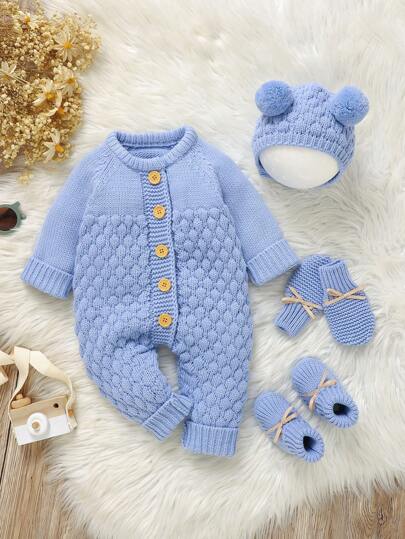 SHEIN Vintaside Kids 女婴纯色圆领插肩袖休闲毛衣连体衣，秋冬