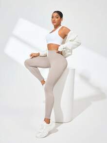 Quần legging thể hình lưng cao màu trơn dành cho nữ - màu nâu - Xem 5