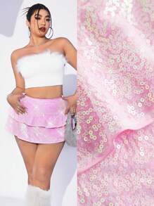 SHEIN ICON Y2k Spring Plus Size Women's Glittery Pink Mini Skirt,Valentine Day - Pink - View 3