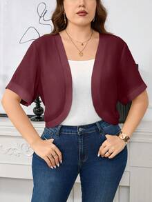 SHEIN Clasi Áo khoác hở trước tay ngắn màu trơn cỡ lớn cho nữ, mùa thu - Màu Đỏ Sâu - Xem 7