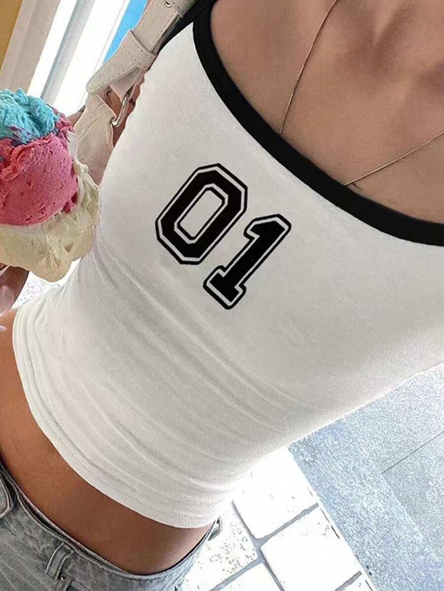 SHEIN EZwear Women Numeric Print Cropped Fitted Camisole Tank Top For Summer