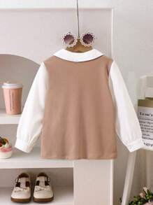 SHEIN 1pc Young Girls Casual Commuter Textured Ribbed Patchwork Elastic Long Sleeve Collared Shirt, Fashion Versatile Stylish & Elegant Suitable For Spring & Autumn Mocha Tops For Baby Girlbrown Tops For Baby Girlmocha Blouse For Young Girl - Multicolor - View 2